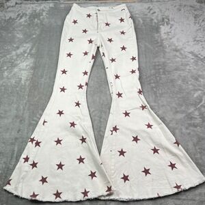Berry N Cream Flare Jeans Womens Small White Burgundy Star Print Bell Bottoms